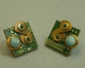 Recycled Green Circuit Board Steampunk Techie Post Earrings ,Turquoise Stone