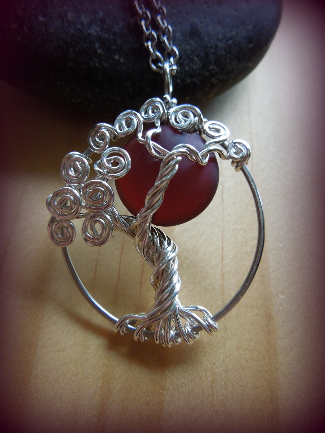 Blood Moon- Tree of Life Necklace Sterling Silver- Garnet-Maroon- Burgandy