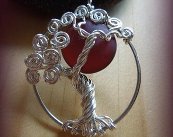 Blood Moon- Tree of Life Necklace Sterling Silver- Garnet-Maroon- Burgandy