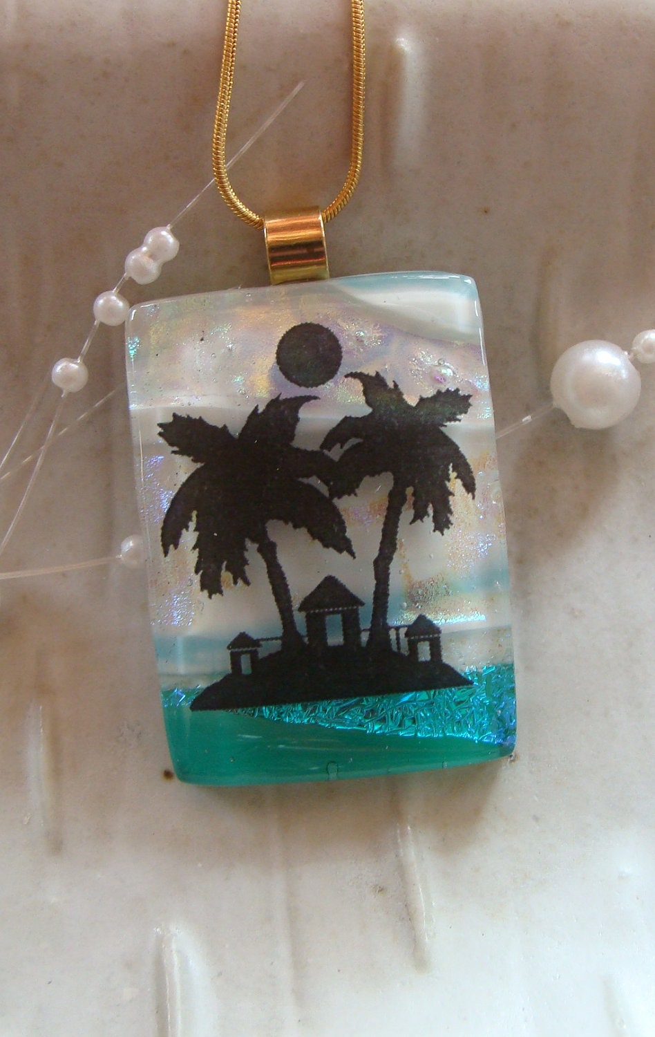 Dichroic Glass Pendant, Fused Glass Jewelry, Necklace, Enamel, Palm Tree, Necklace Included, One of a Kind