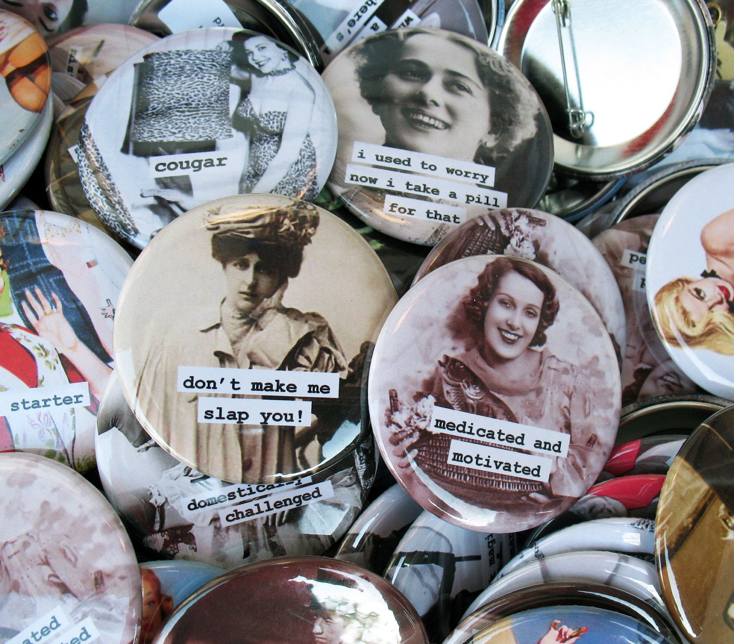 Funny Pinback Buttons- ANY SIX- Bulk Buy- Pick your favorites