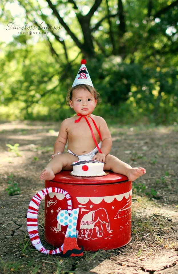 Boys First Birthday Mustache Hat - Cute hat in blue/light aqua, red and white stripes - Free personalization
