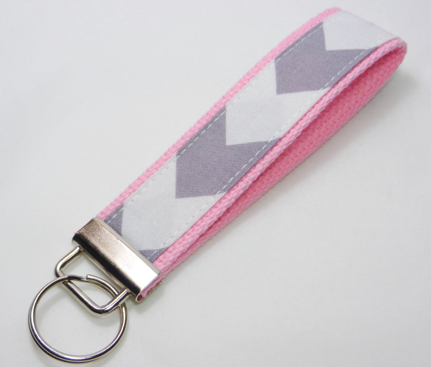 Handmade Chevron Key Chain, Fabric Key Fob, Key Strap- Grey and Pink