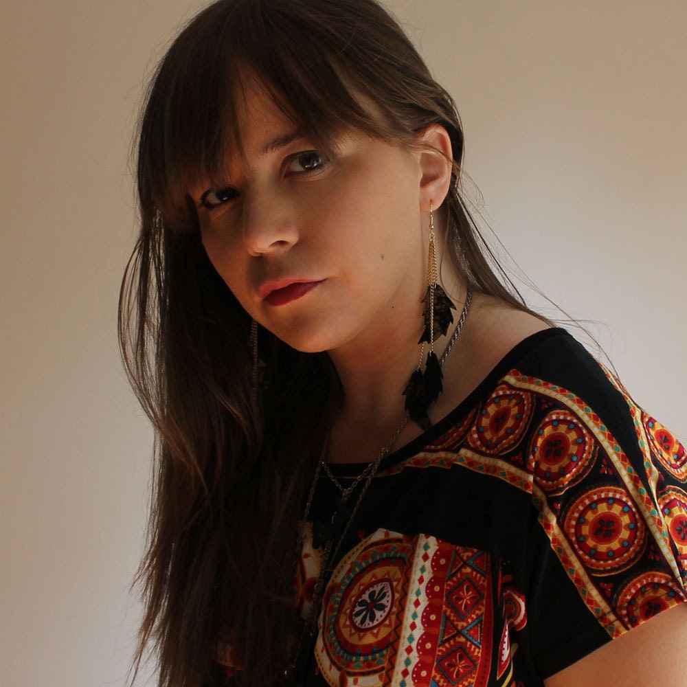 Gold Dusted Leather Cascading Feather Earrings (made to order)
