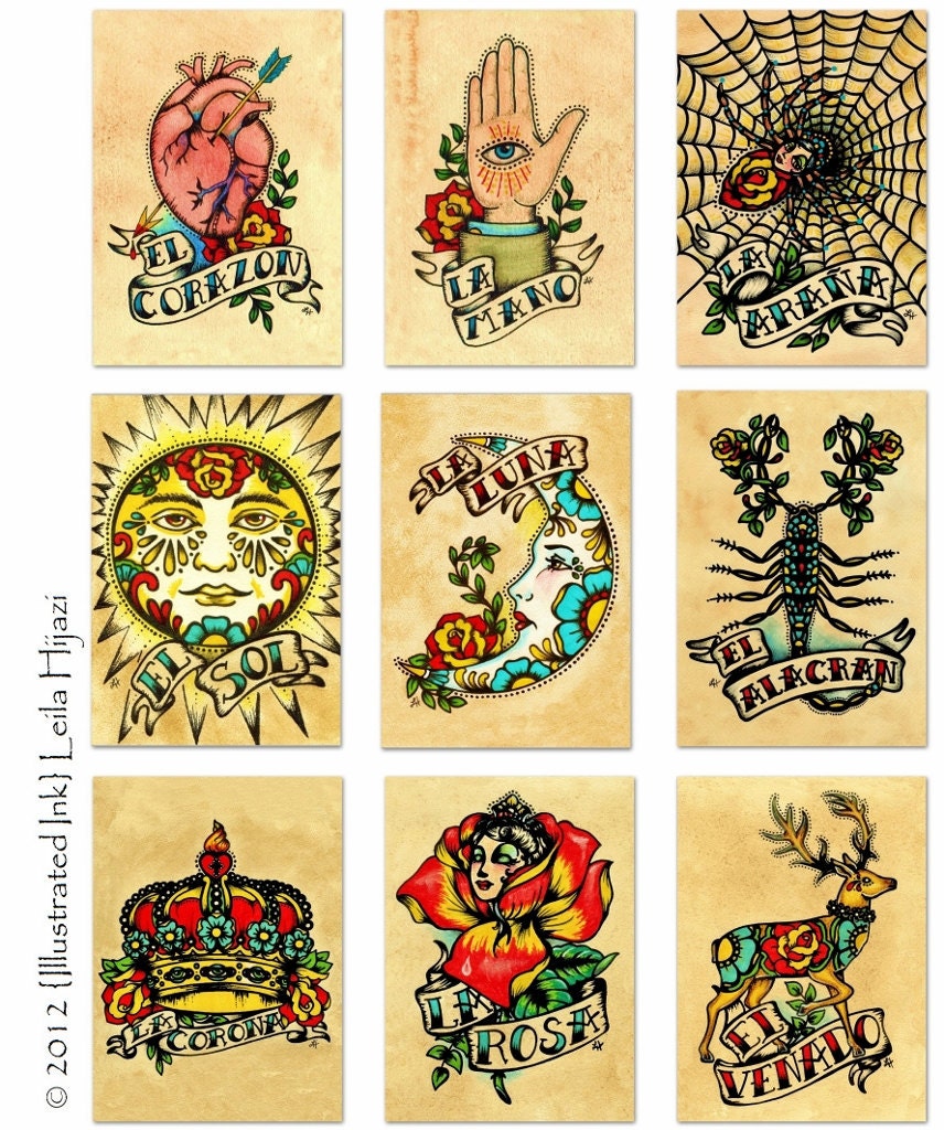Old School Tattoo Art Prints Mexican Loteria 5 x 7 SET of 9 Designs