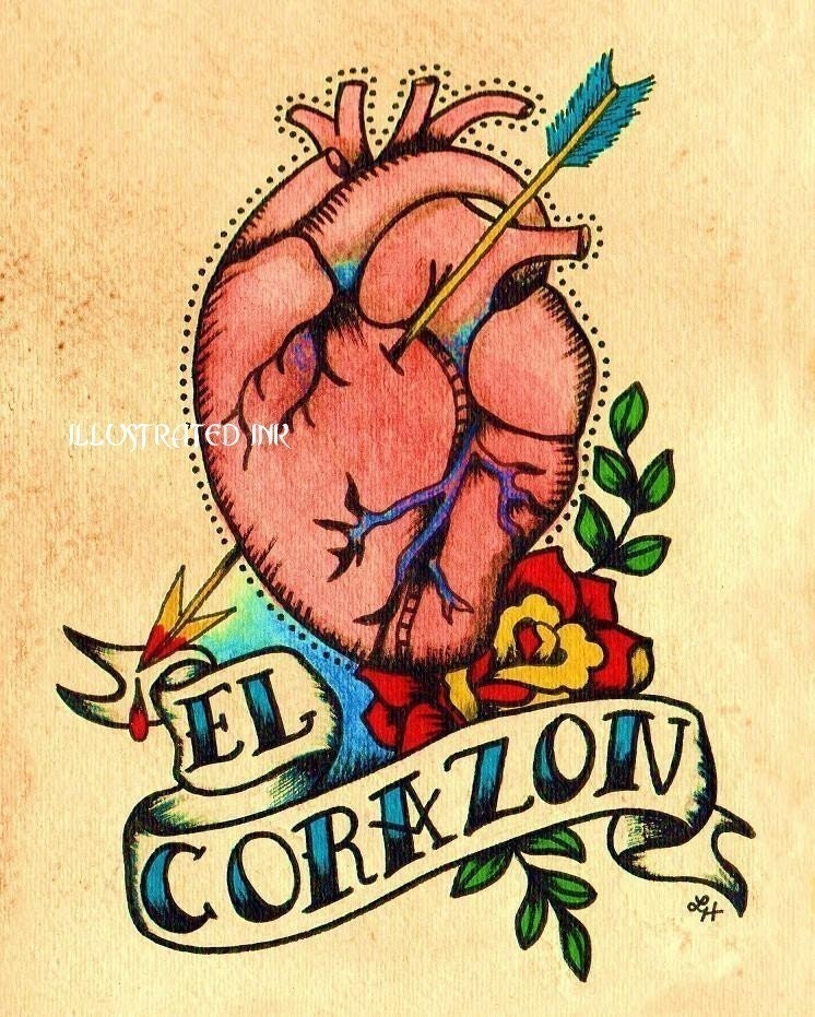 Anatomical Heart Tattoo Art EL CORAZON Loteria Print 5 x 7