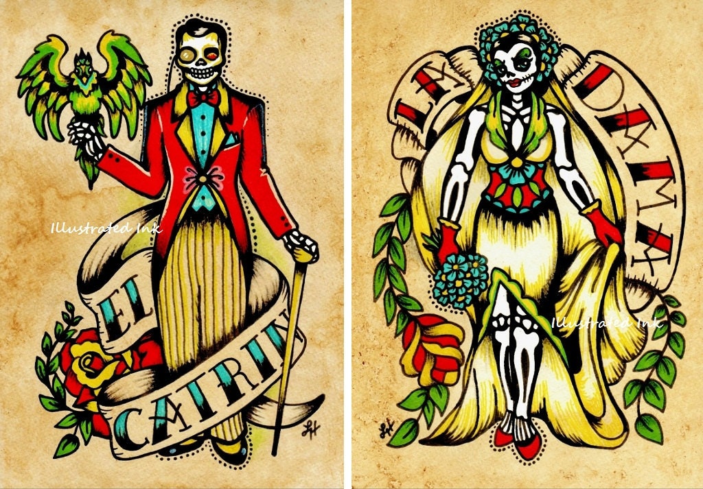 Day of the Dead Art Loteria La DAMA & El CATRIN 5 x 7 Set