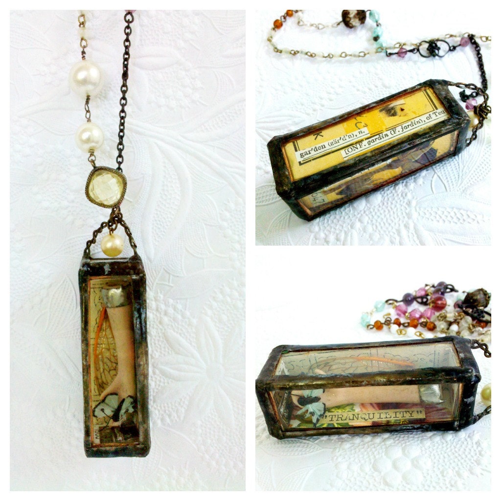Reliquary Garden Shrine Necklace, Rosary Shadowbox, Vintage Bead Chain, Original Collage Art Necklace -- The Butterfly Garden