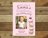 pinkalicious birthday party invitation with photo - pink cupcakes