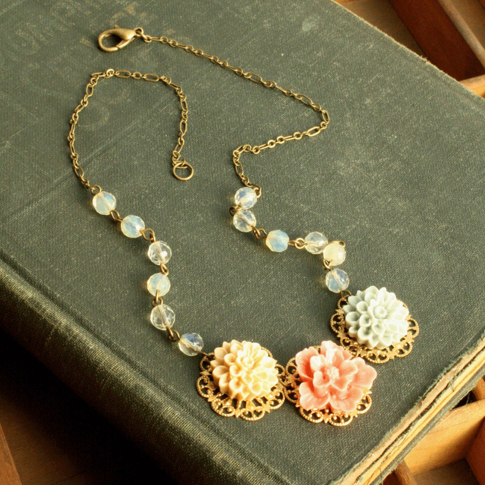 Bib Necklace, Nina Flower Bib Necklace, Flower and Bead Bib Necklace, Quartz Beaded Statement Necklace