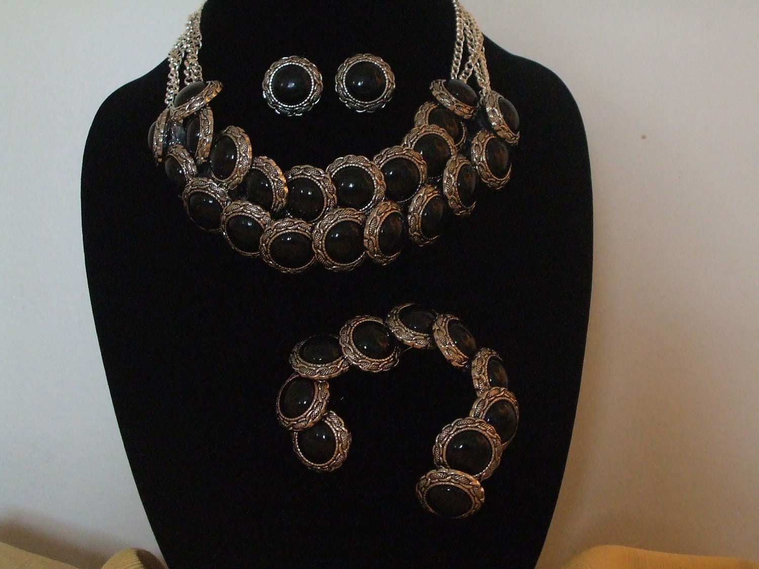 Buttons-Vintage Style-Chunky-Silver-Black-Costume Jewelry-Set-Handmade-Bib-Necklace-Bracelet-Earrings-"Black Onyx"