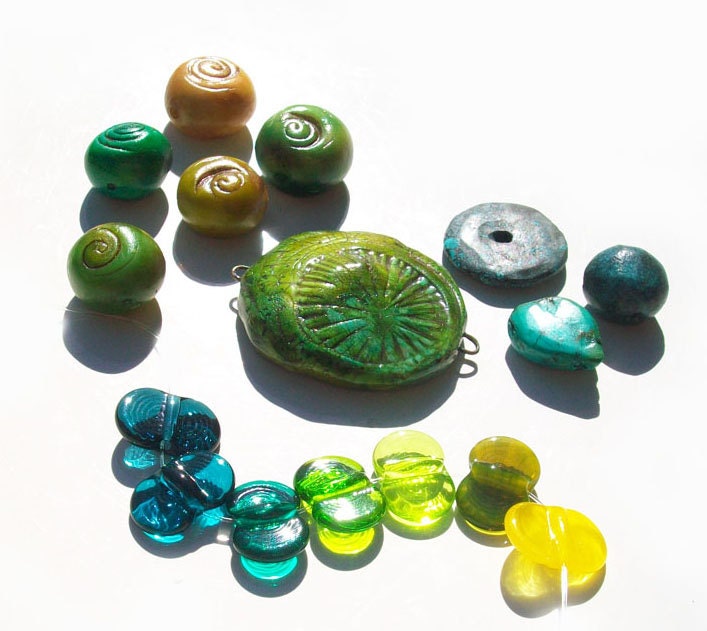 Citrus Sea Starburst Swirls-handmade lampwork glass and polymer clay limited edition collaboration bead set