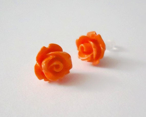 Very Orange Stud Earrings Opaque Rose Flowers Metal Free Plastic Posts Hypoallergenic for Super Sensitive Ears