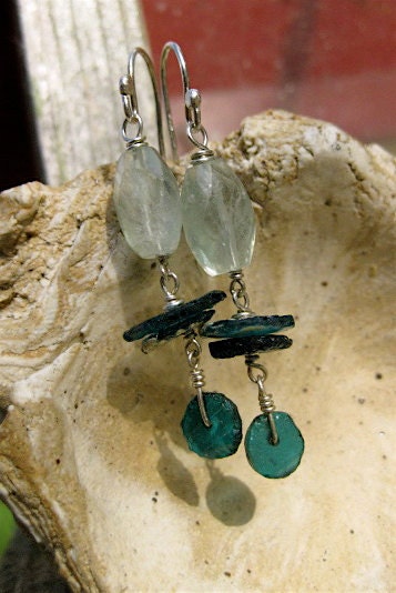Ancient Glass Drops with Faceted Flourite Earrings