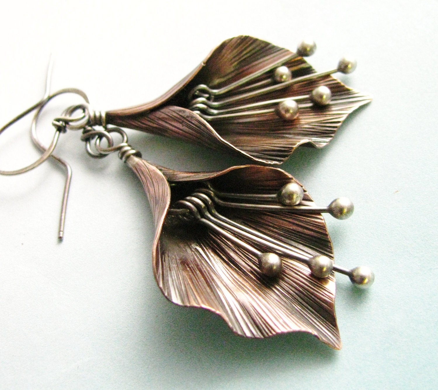 Metal Lily Flower Earrings - Argentium Sterling Silver And Copper Earrings Handcrafted Artisan Copper Jewelry