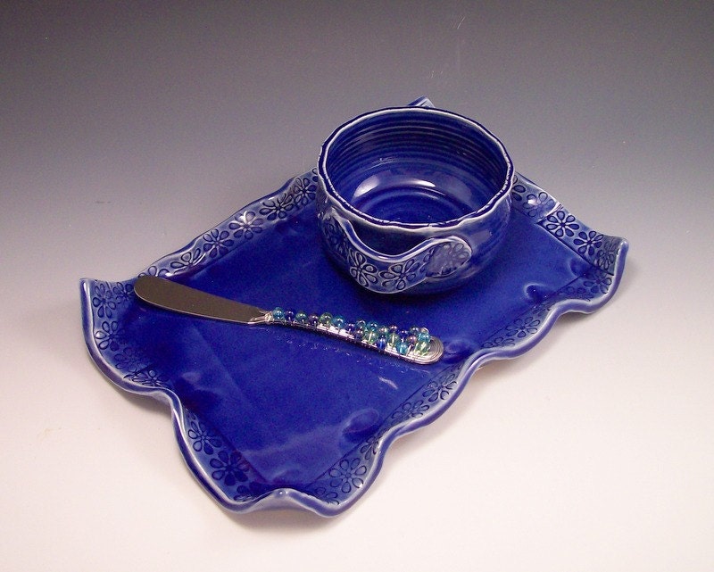 Cheese Tray and Cup with Matching Spreader in Royal Blue
