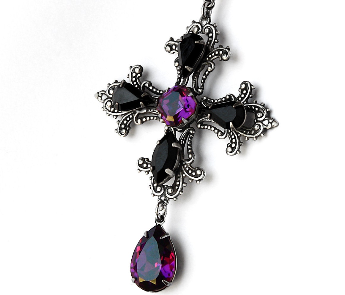 Gothic Cross Necklace Pendant Purple Black Swarovski Silver Gothic Jewelry