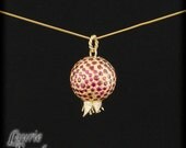 Pomegranate Pendant - 18kt Yellow Gold Ruby and Diamond Handmade Pomegranate Pendant - LS2138