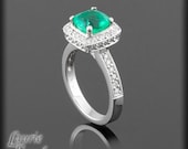 Columbian Emerald and Diamond Halo Ring in 14kt White Gold - Square Cushion Cut - May Birthstone - LS1232