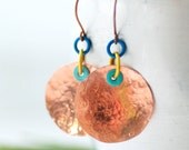 Funky Earrings, Copper Earrings, Hammered Earrings, Shiny Copper Earrings, Circles, Metalwork Earrings, Fun Jewelry