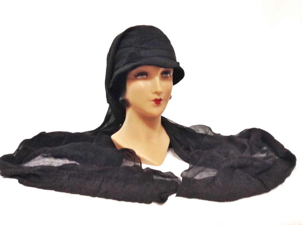 Extremely Rare French 1920s Black Mourning Cloche Hat with Veil