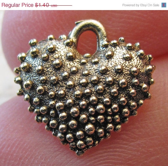 CHARM SALE Bubble textured heart charm, antique gold finish, 15 x 15 x 2.5mm