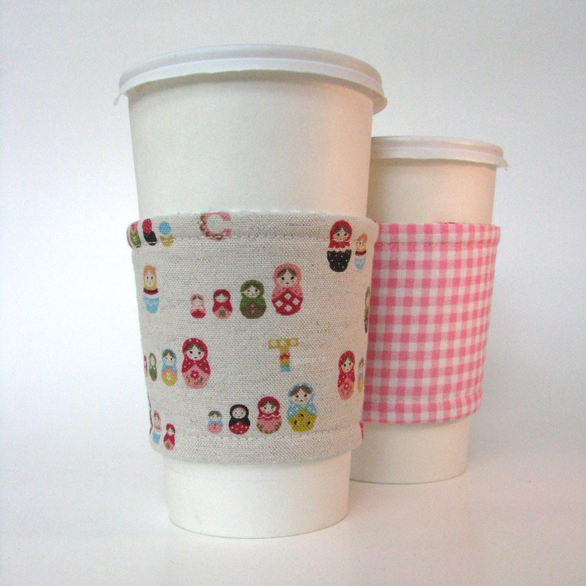 Reusable Reversible Coffee Sleeve - Matryoshka Dolls on oatmeal with pink gingham