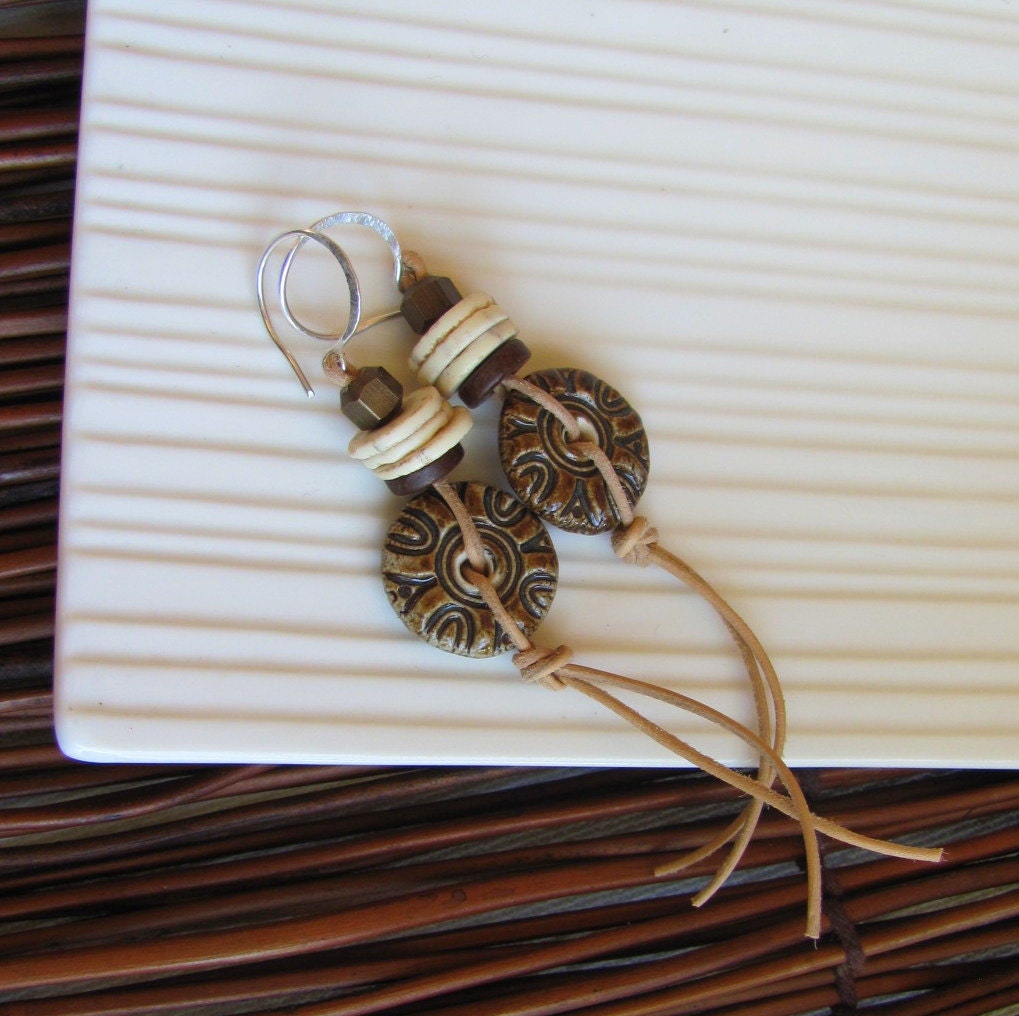 Rustic Earrings - Leather and Ceramic Beads