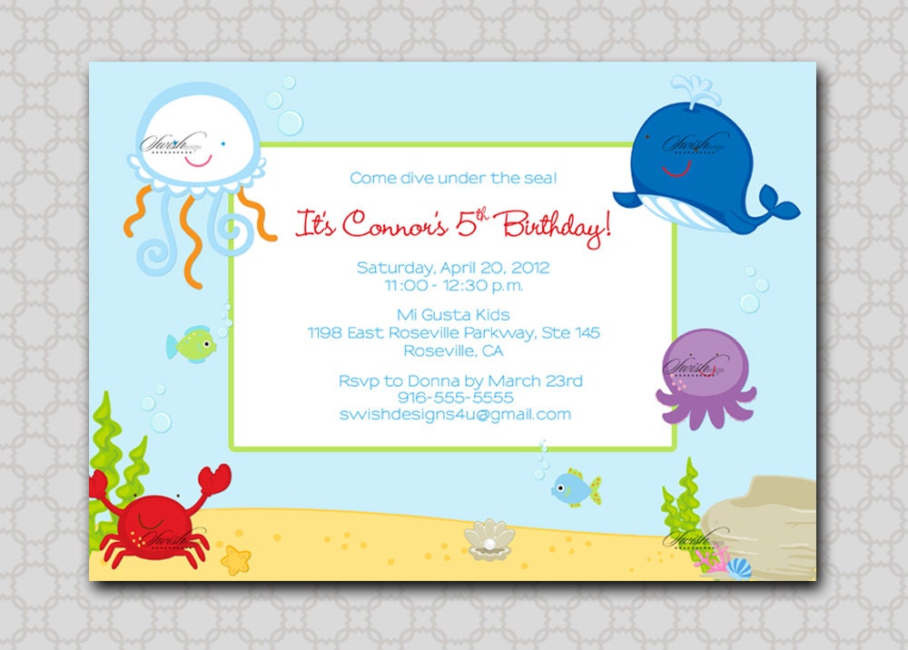 Sea Birthday Invitation --- Under the Sea, crab, whale, jelly fish, ocean digital printable party