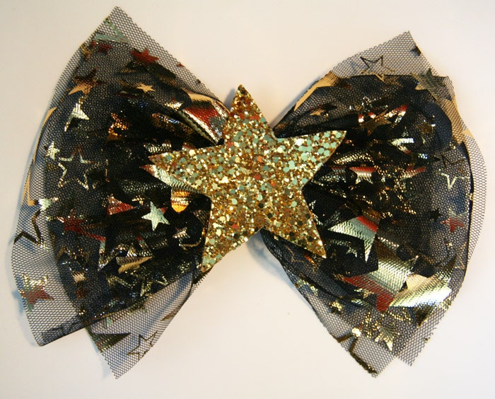 Golden Star Tulle Bow Hair Clip Accessory by Cutie Dynamite Lolita Goth Punk Burlesque Pinup by Cutie Dynamite