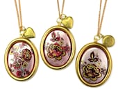 Long Charm Necklace Floral Cameo Vintage Locket Brass Pink Mauve and Gold N036