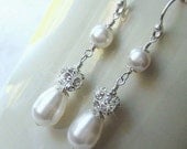 Teardrop Pearl and Crystal Long Drop Earrings - Rhinestone Fire Ball and Pearl Earrings in White or Ivory Pearls - Bridal  Wedding Jewelry
