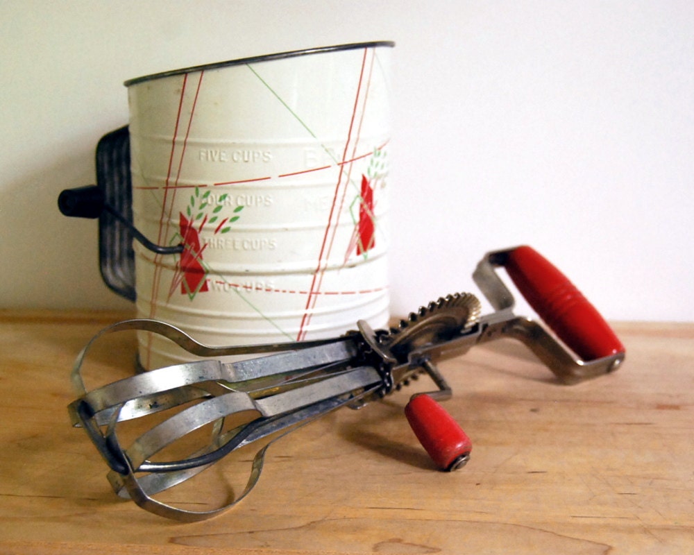 Vintage Retro Sifter and Egg Beater 1950s Bromwell Red Wheat Baking