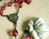 Vintage Rosary Necklace Pink Crystal Beads and Porcelain Rose