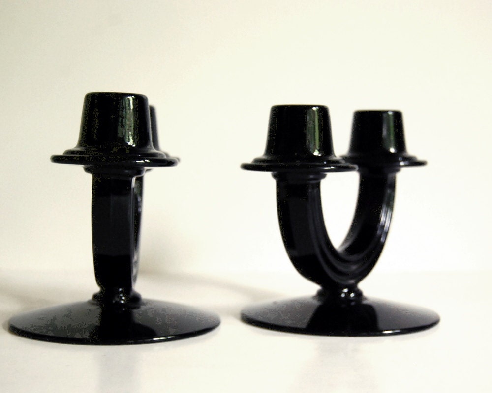 Vintage Candle Holders Fostoria Black Glass 1930s George Sakier Double Candlesticks Art Deco Pair