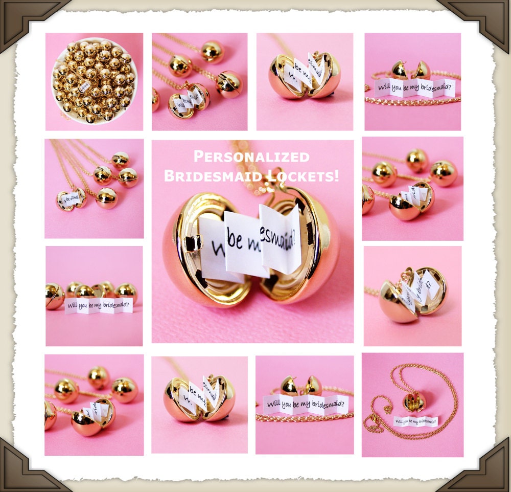 Secret Message Lockets - Bridesmaid Special - 10 Shiny Gold Vintage Brass Ball Locket Necklaces - Customized and Personalized for you