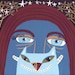 Strange Blue Girl and Cat Print - Slightly Demented Outsider Folk Art with Stars on Blue and Maroon
