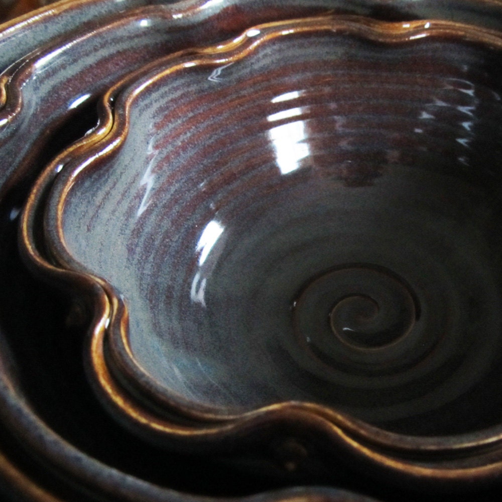 Set of 3 Nesting Bowls Rustic Brown with Floating Blue READY TO SHIP