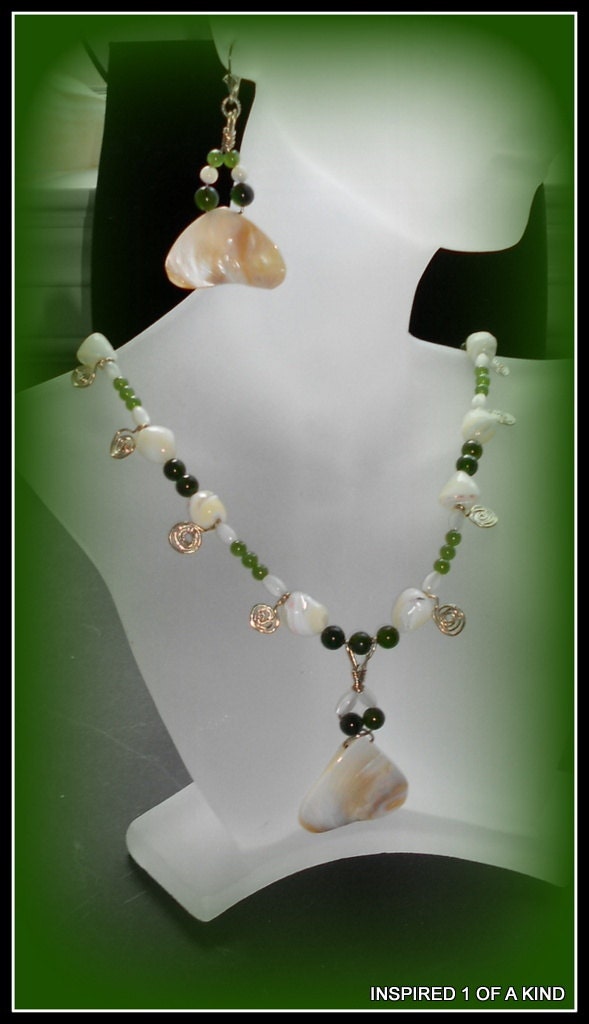 Mother of Pearl Jade Silver Necklace and Earrings