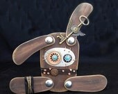 SPRING SALE Time Keep - Steampunk Creature - Wood Copper Metal Crystal - Industrial Art - Doll Home Decor
