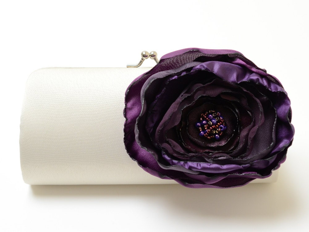 Ivory Clutch Bridal Clutch Bridesmaid Clutch - Bouquet Clutch - Magenta Grape Eggplant & Amethyst Purple Flower