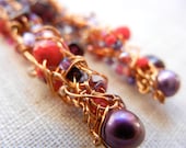 Tangled Garnet Dangle earrings - Knitted wire with pearls, Miyuki seed beads, crystals in gold