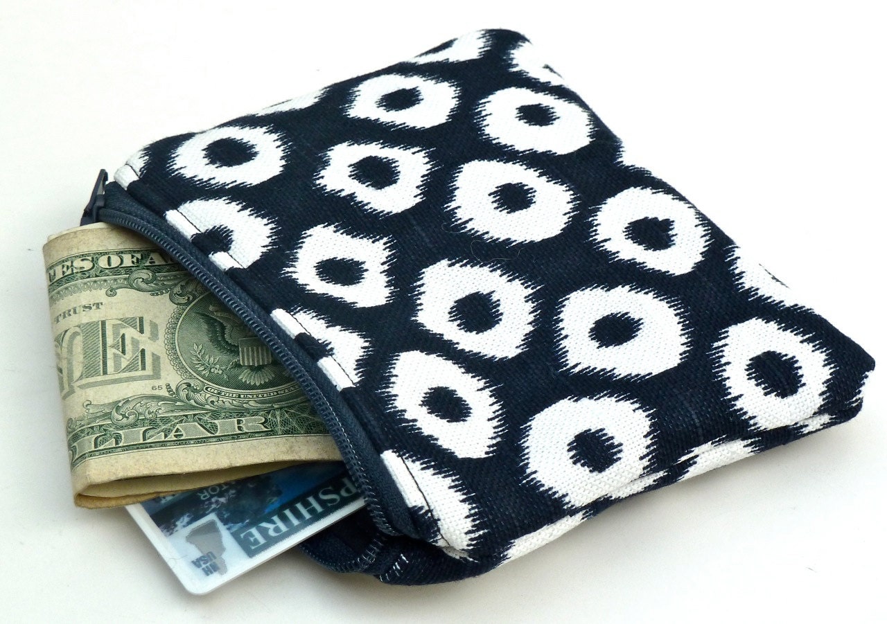 Coin Purse/Zippered Pouch in Blue and White Ikat