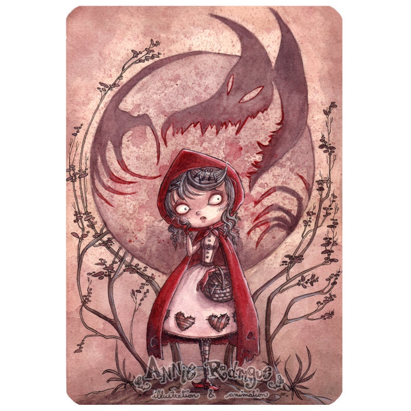 Little Red Riding Hood - Original Watercolor Macabre Painting