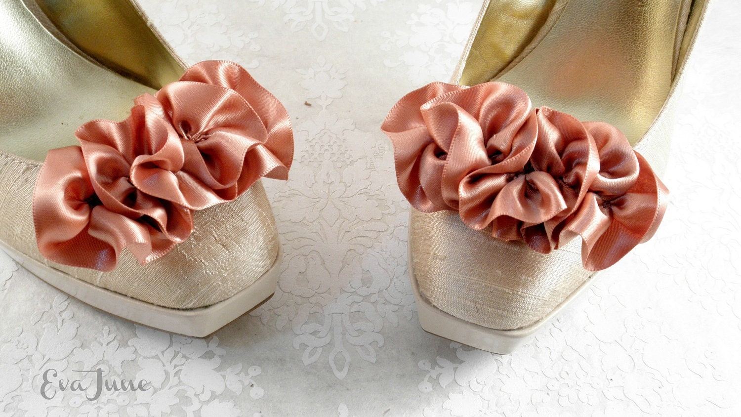 Latte Brown Shoe Clips, Champagne Bridal Shoes, Bridesmaid, Cake Ruffle Glamour, Vegan Friendly