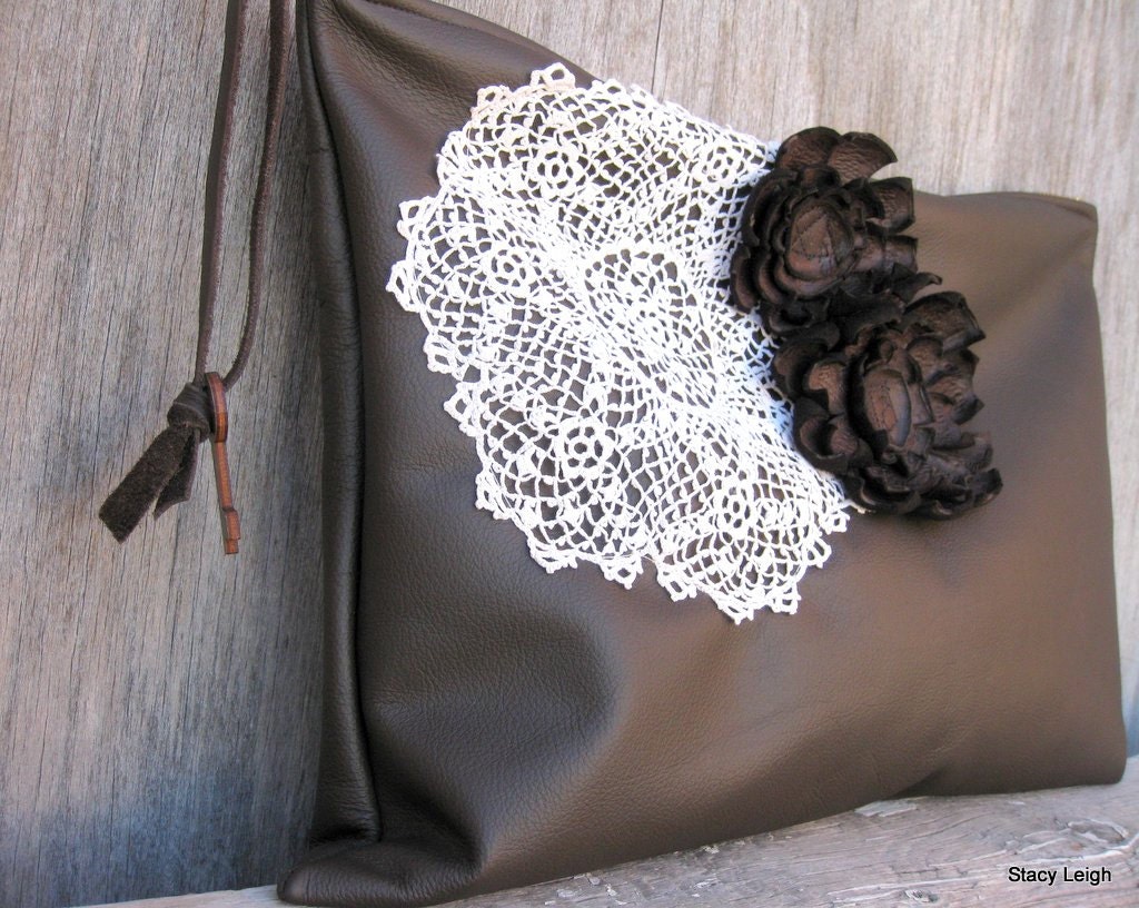 Leather and Lace Dark Brown Clutch Bag with Irish Crochet by Stacy Leigh Ready to Ship