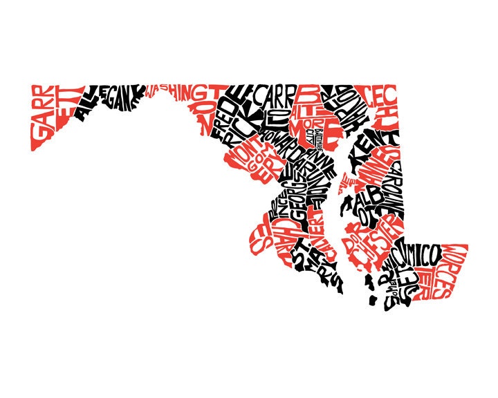 Maryland - typography map art print 8x10 - customizable personalized state poster custom wall decor engagement wedding housewarming gift