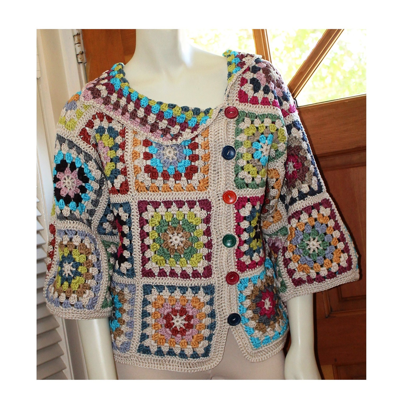 Crochet Asymmetrical Sweater - Custom Sizes 0 to 18 - Cotton Granny Square Colorful Design Sweater by Annie Briggs 'Shonda'