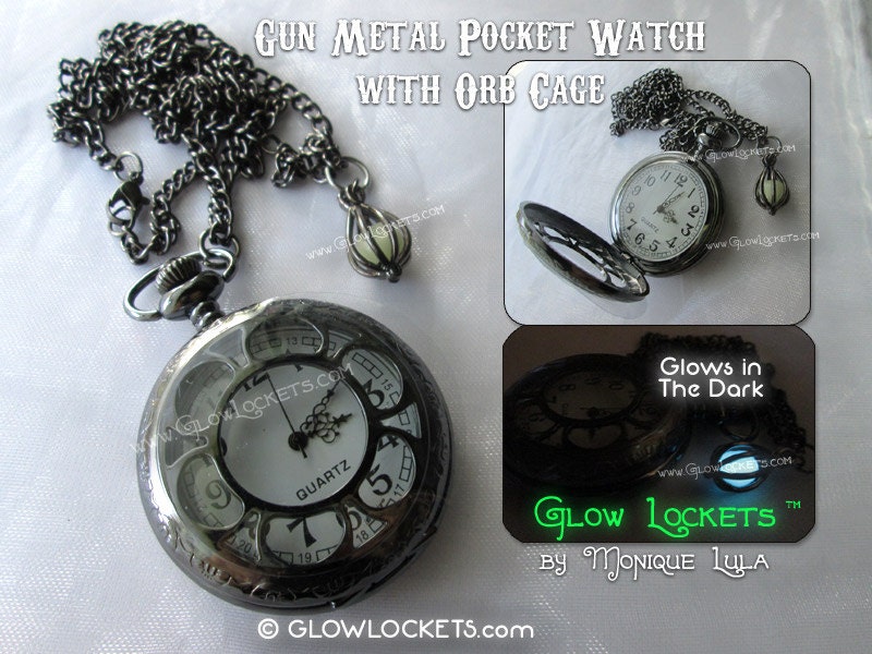 Steampunk Gun Metal Black pocket Watch with Orb Cage Glow Locket