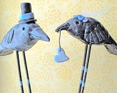 Crows in Love with blue accents Folk Art wedding cake topper